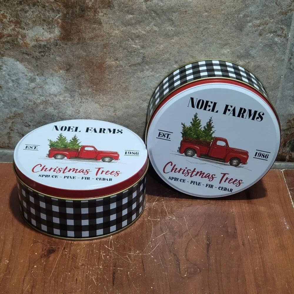 Two Noel Farms Round Christmas Cookie Candy Tins with Lids